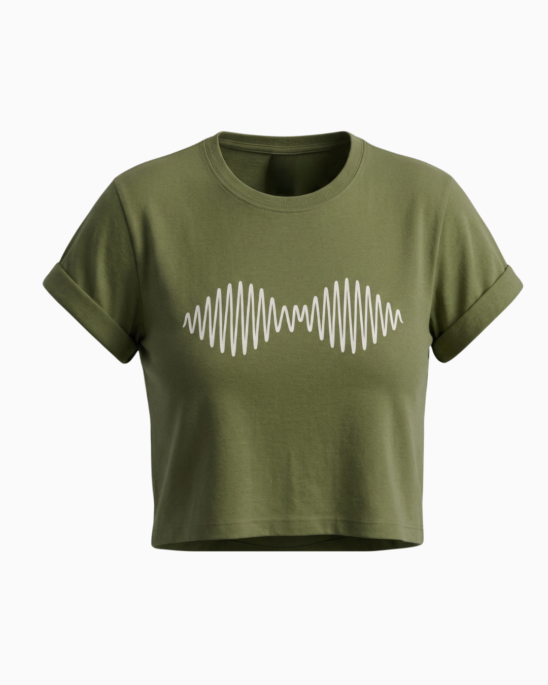 Camiseta Crop Verde Militar Estampado Ondas Minimalista -TUENTI-02