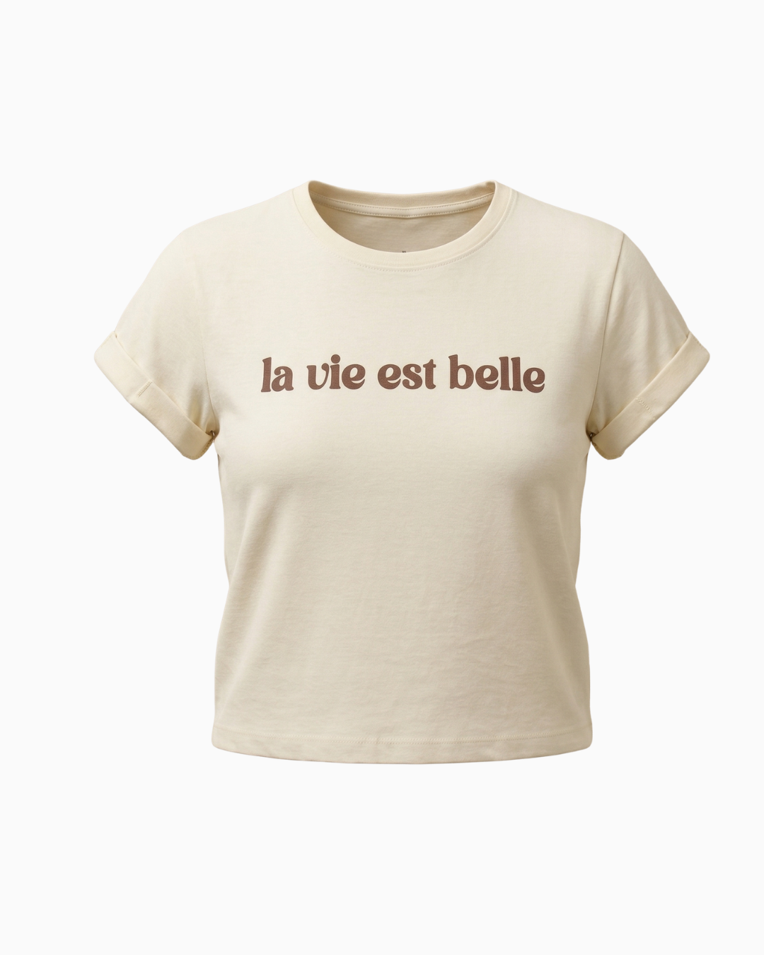 Camiseta Crop Beige Estampado Frase La Vie Est Belle -TUENTI-02