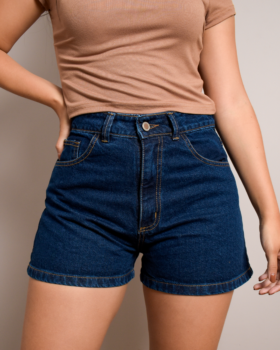 Short Denim Rígido Tiro Alto Azul Oscuro Clásico -26-4