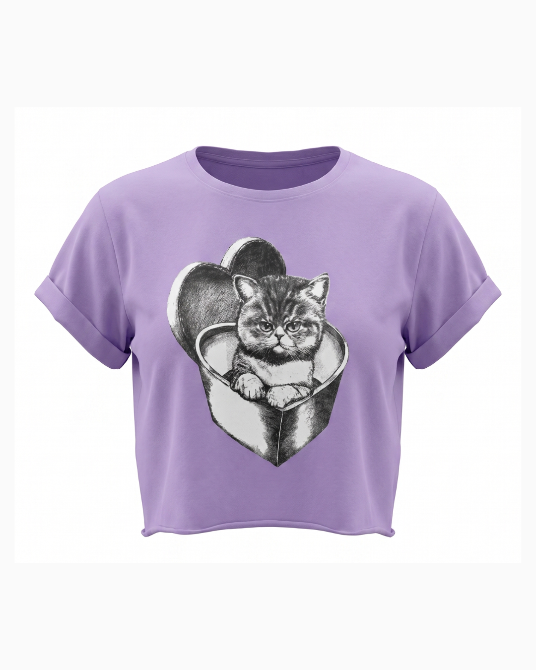 Camiseta Crop Lila Estampado Gato Corazón -TUENTI-02