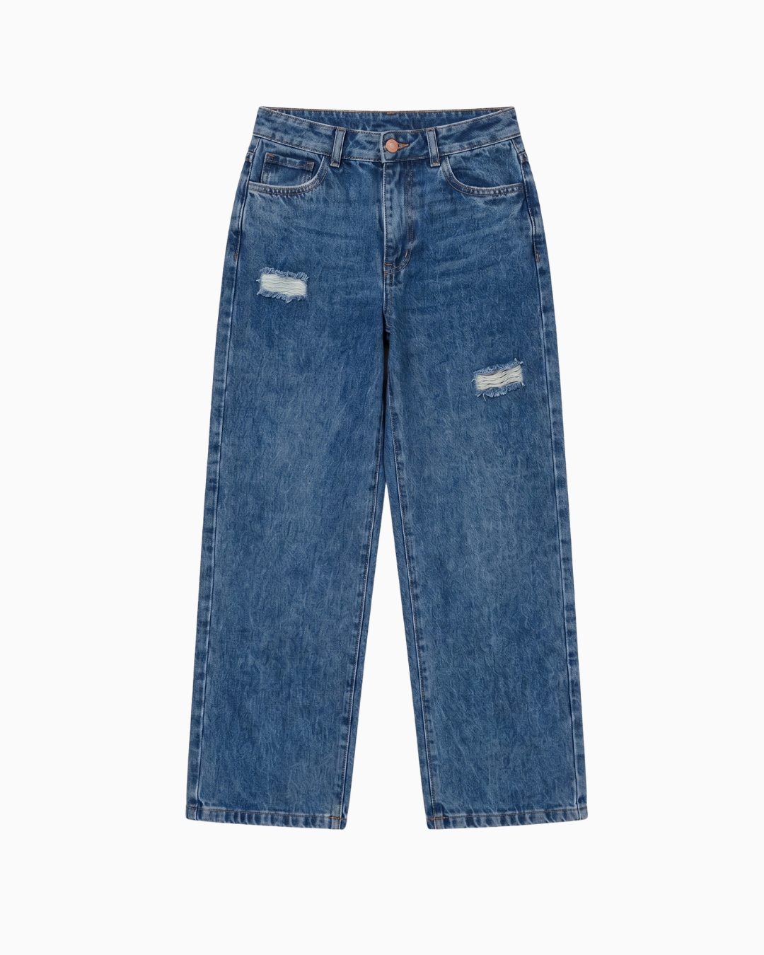 Jean Bota Recta  Rígido Azul Medio Rotos -J109-6