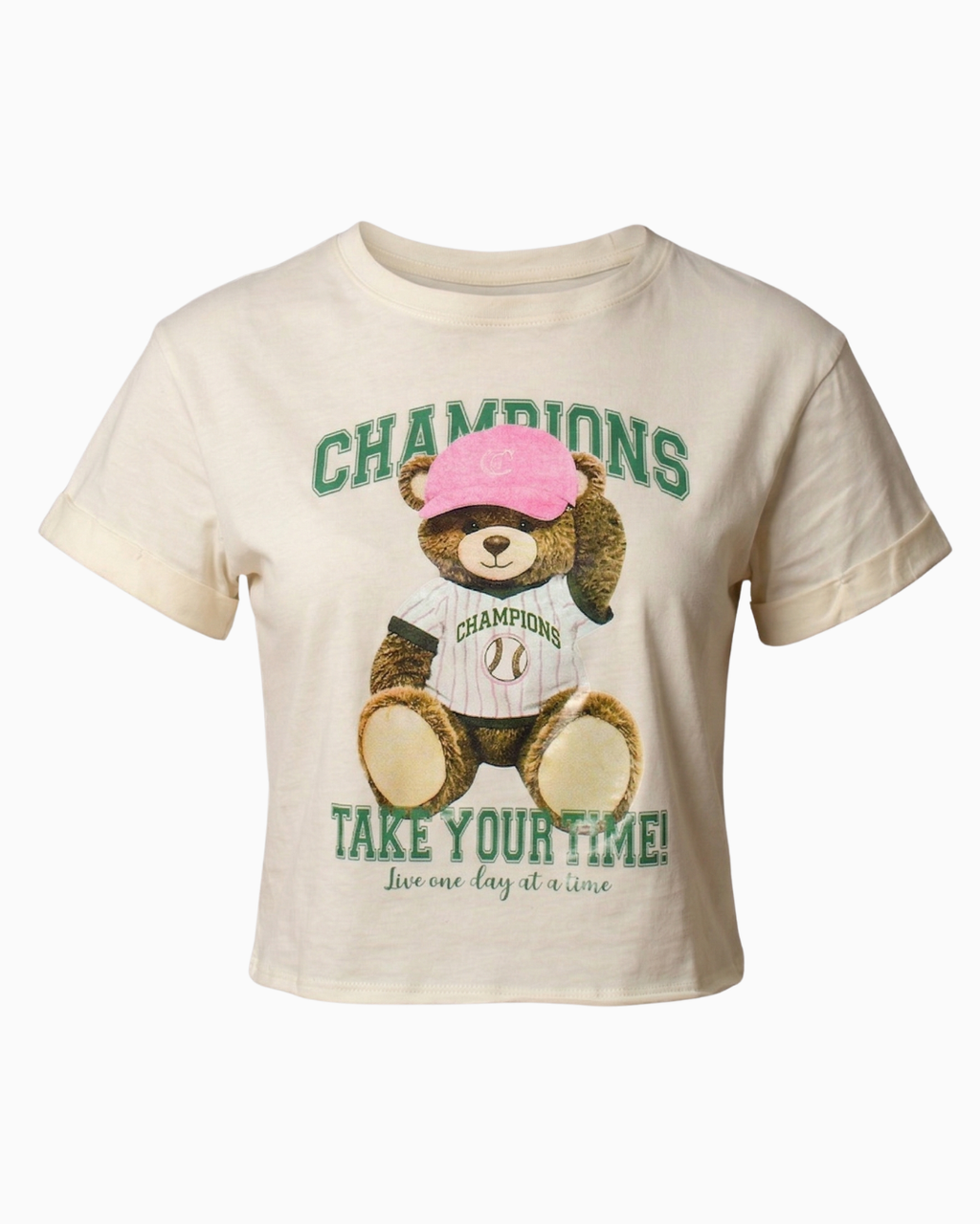Camiseta Crop Beige Estampado Oso Champions -TUENTI-02