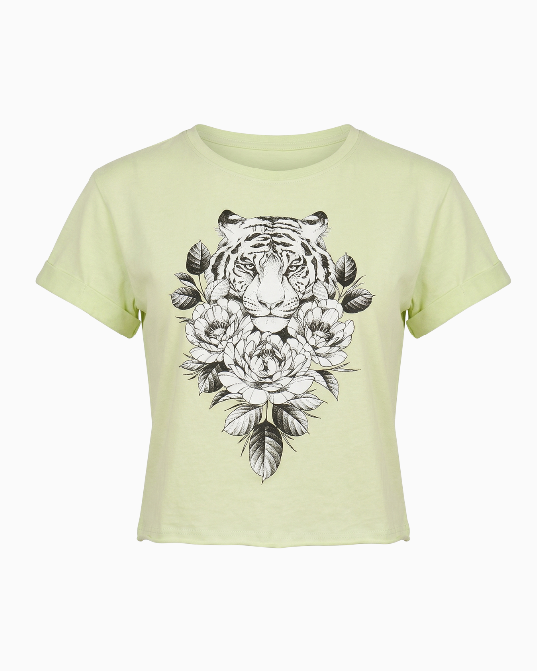 Camiseta Crop Verde Claro Estampado Tigre Flores -TUENTI-02