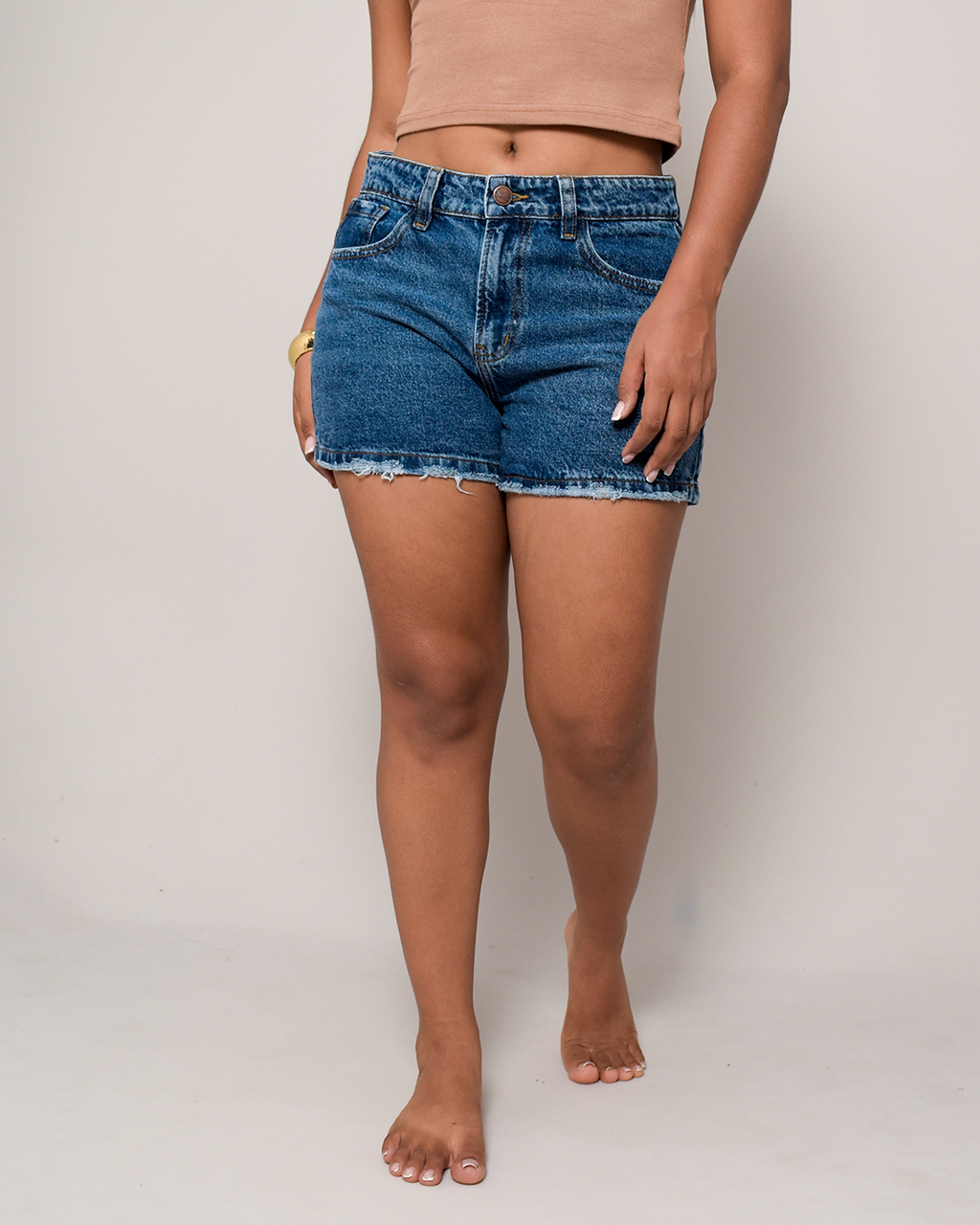 Short Rígido Tiro Alto Azul Medio Desflecado -INN3714