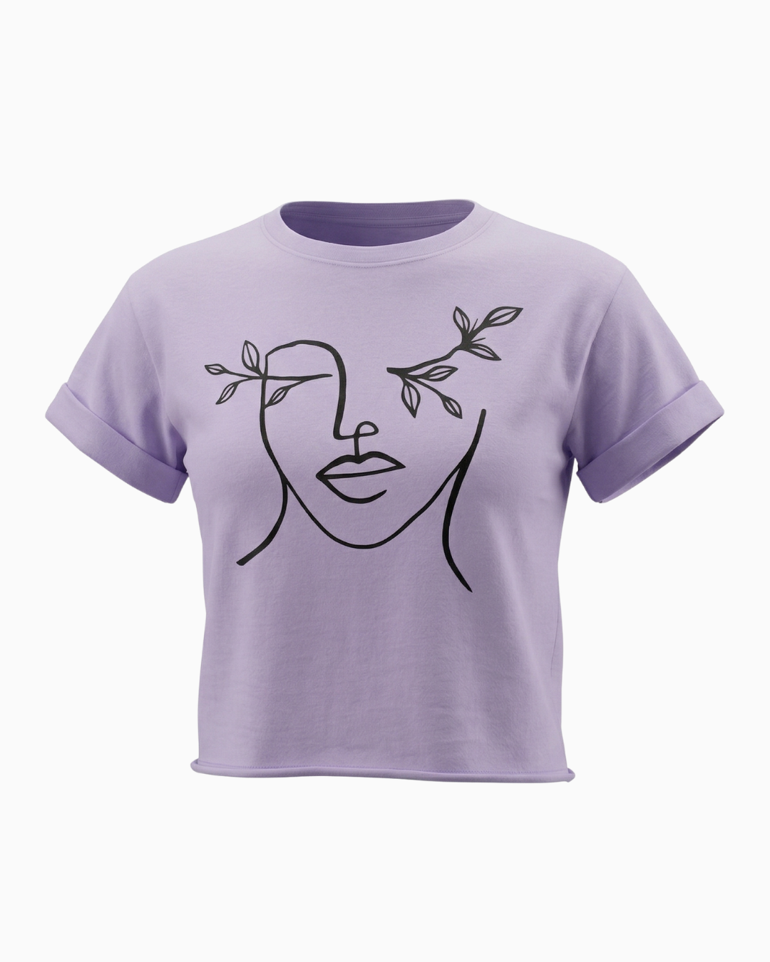 Camiseta Crop Lila Estampado Rostro Lineal Hojas -TUENTI-02