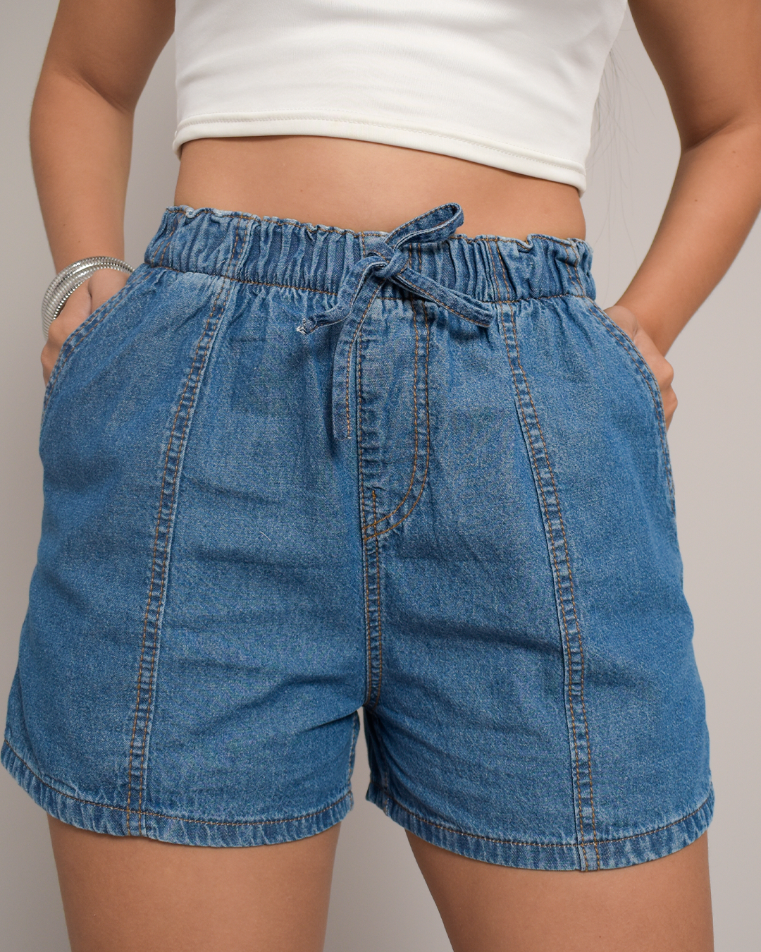 Short Tiro Alto Denim Azul Medio Cordón -DJB770
