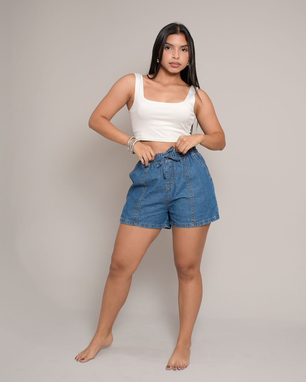 Short Tiro Alto Denim Azul Medio Cordón -DJB770