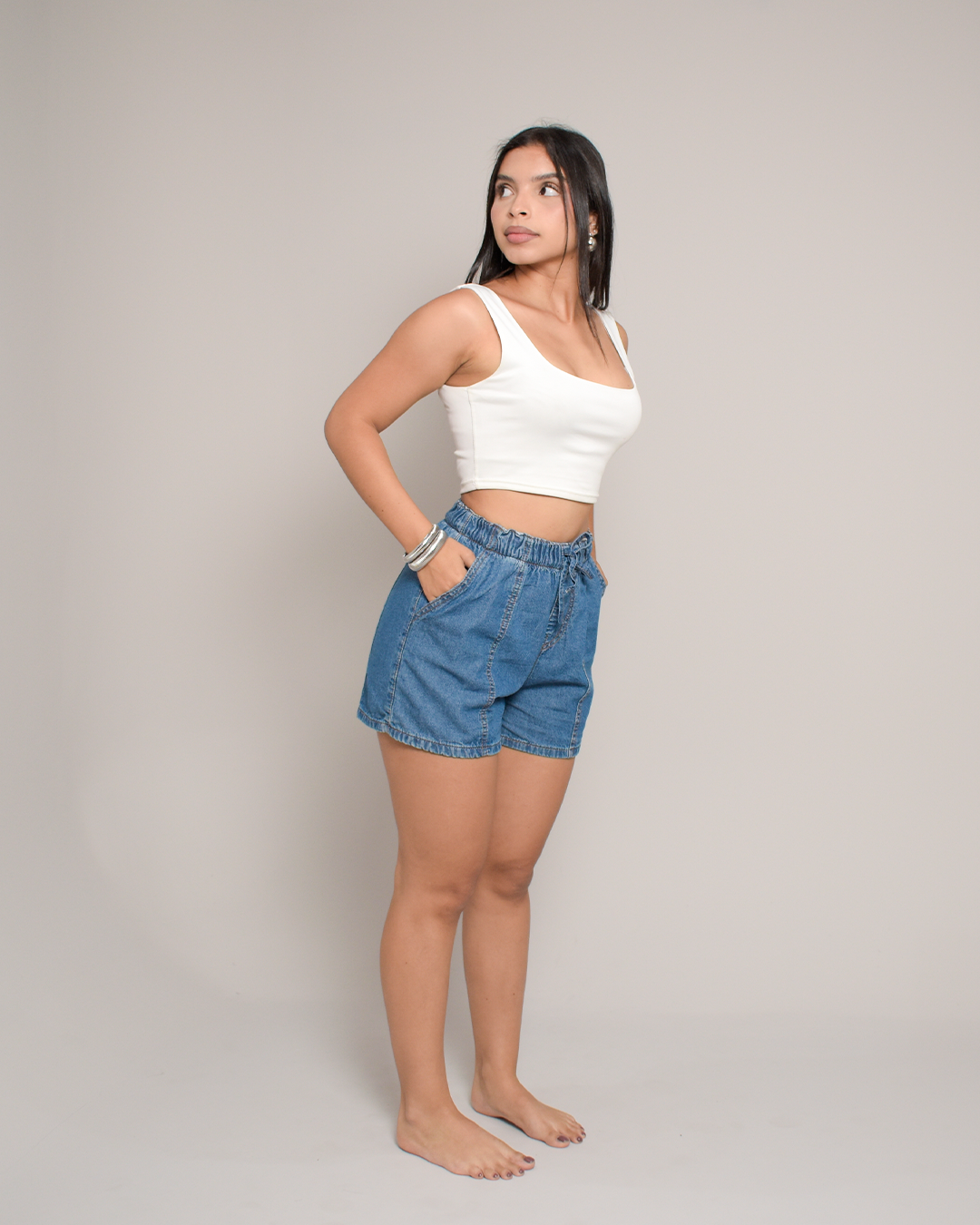 Short Tiro Alto Denim Azul Medio Cordón -DJB770
