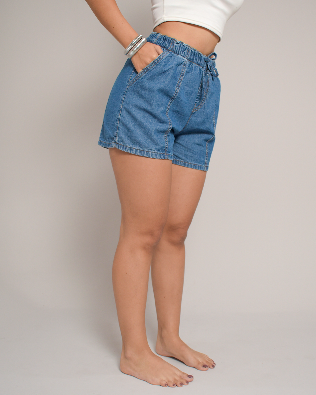 Short Tiro Alto Denim Azul Medio Cordón -DJB770