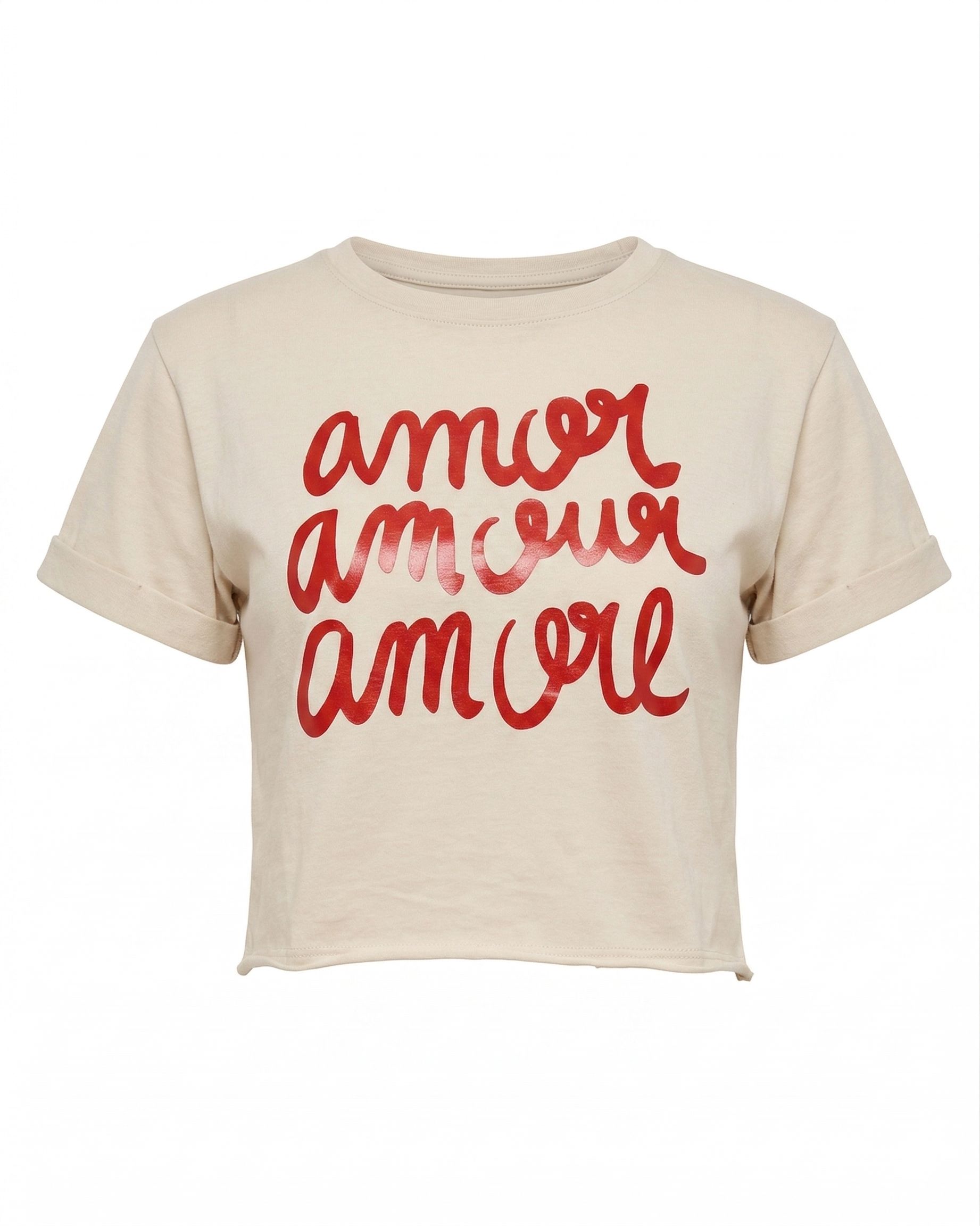 Camiseta Crop Beige Estampado Amor Amour Amore -TUIENTI-02