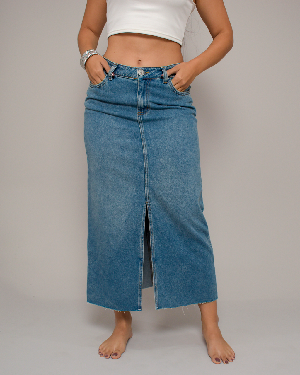 Falda Denim Tiro Alto Azul Medio Abertura -INN50145