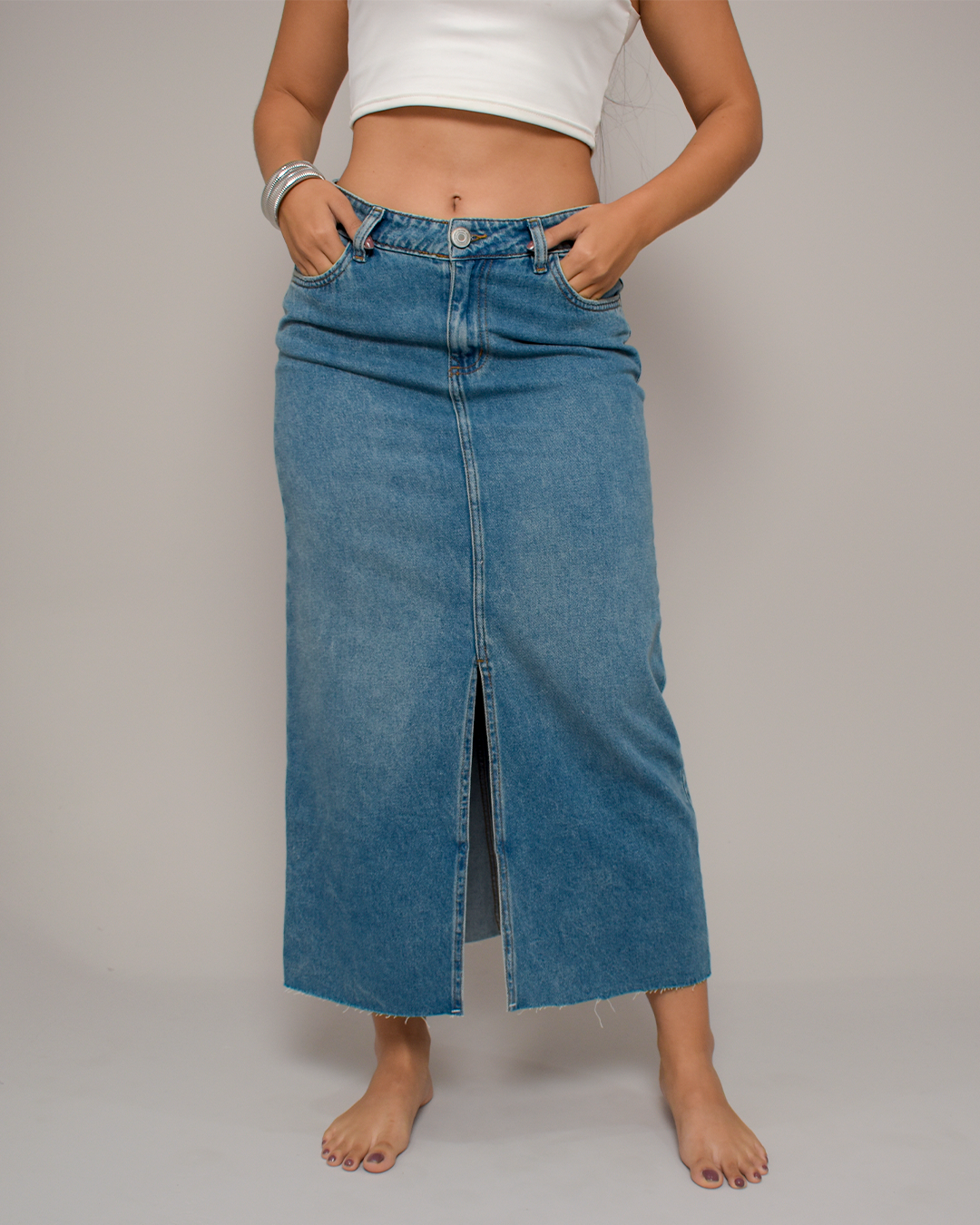 Falda Denim Tiro Alto Azul Medio Abertura -INN50145