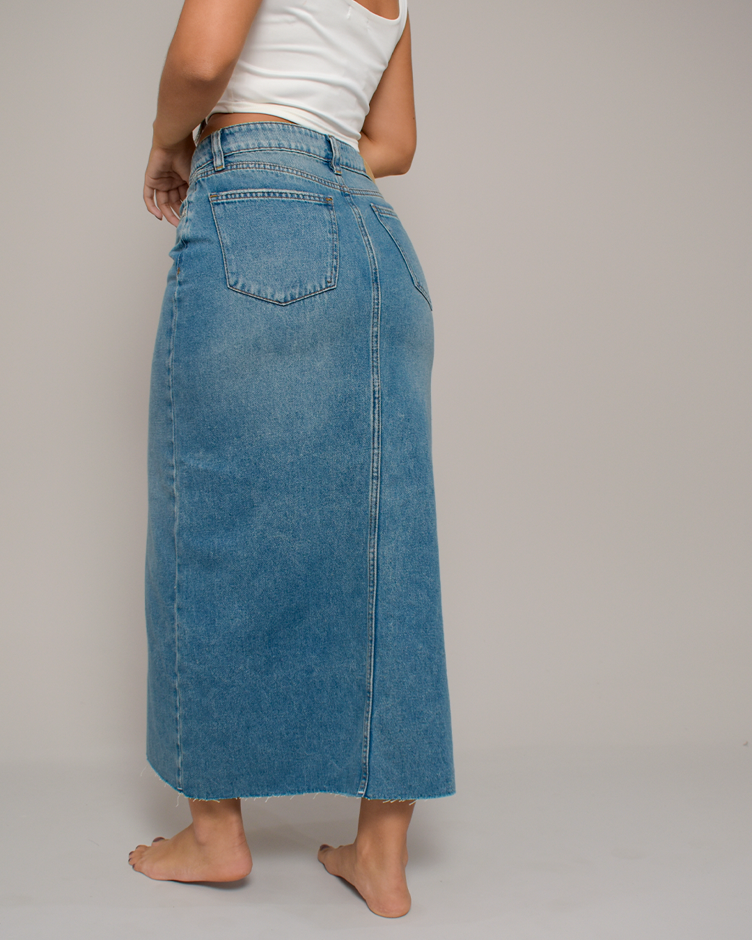 Falda Denim Tiro Alto Azul Medio Abertura -INN50145