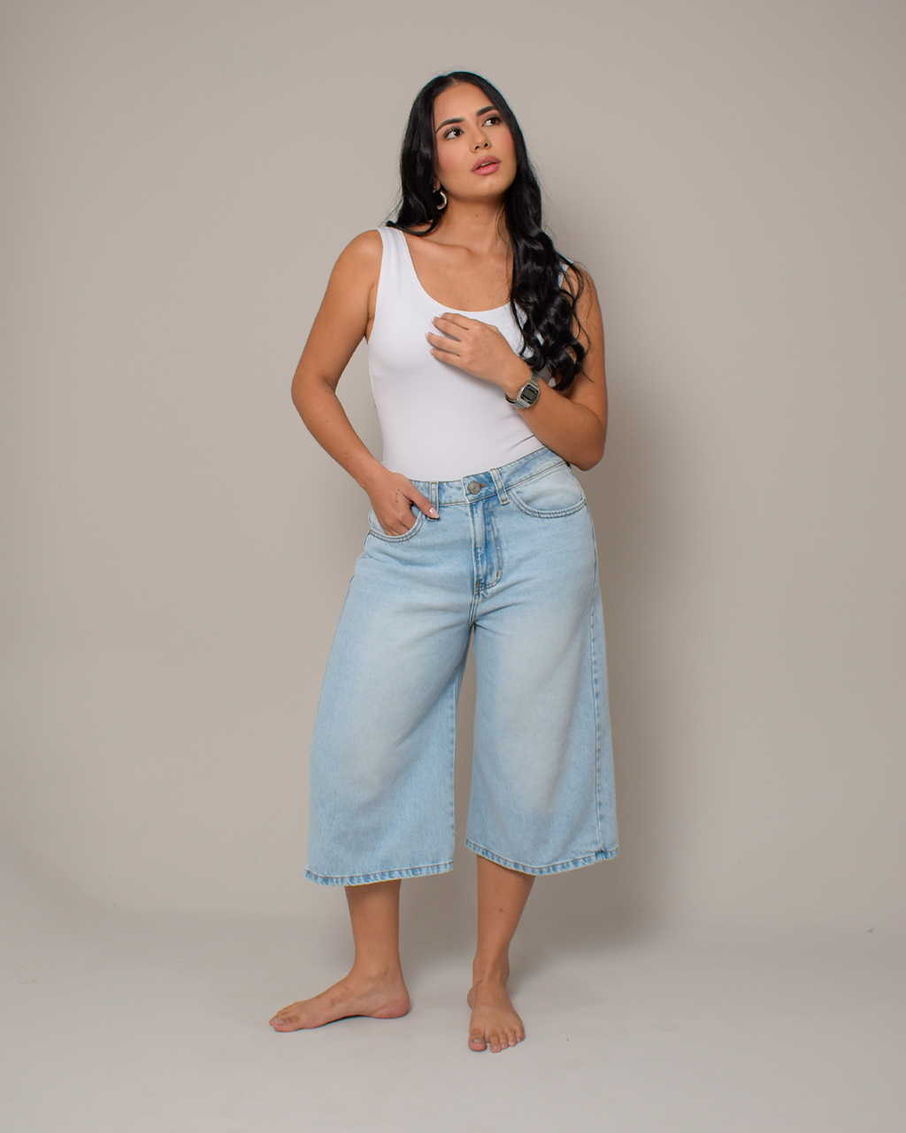 Bermuda Larga Rígida Azul Claro Tiro Alto -INN5568