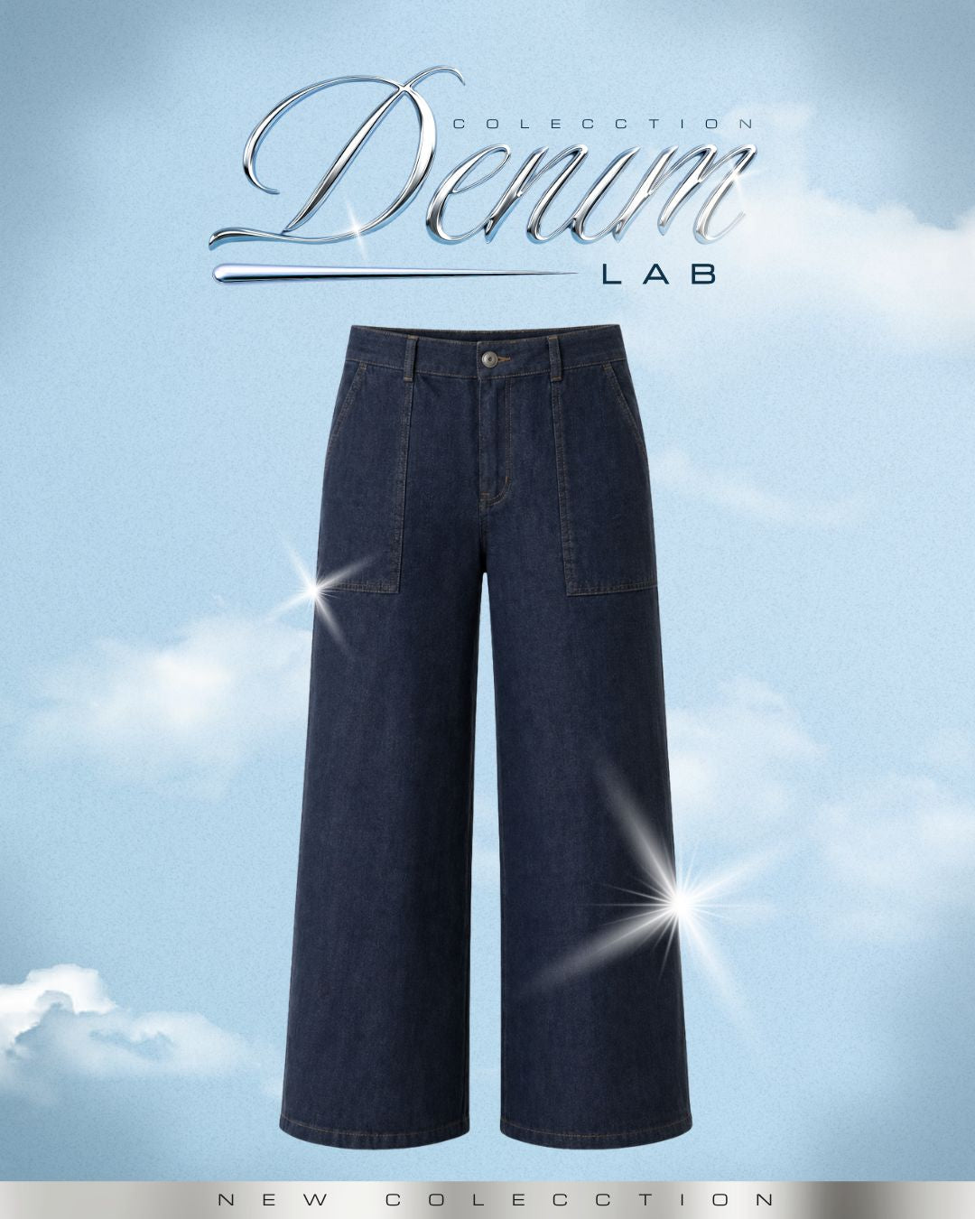 Pantalon chambray  Wide Leg Rígido Azul Oscuro Bolsillos - N-02