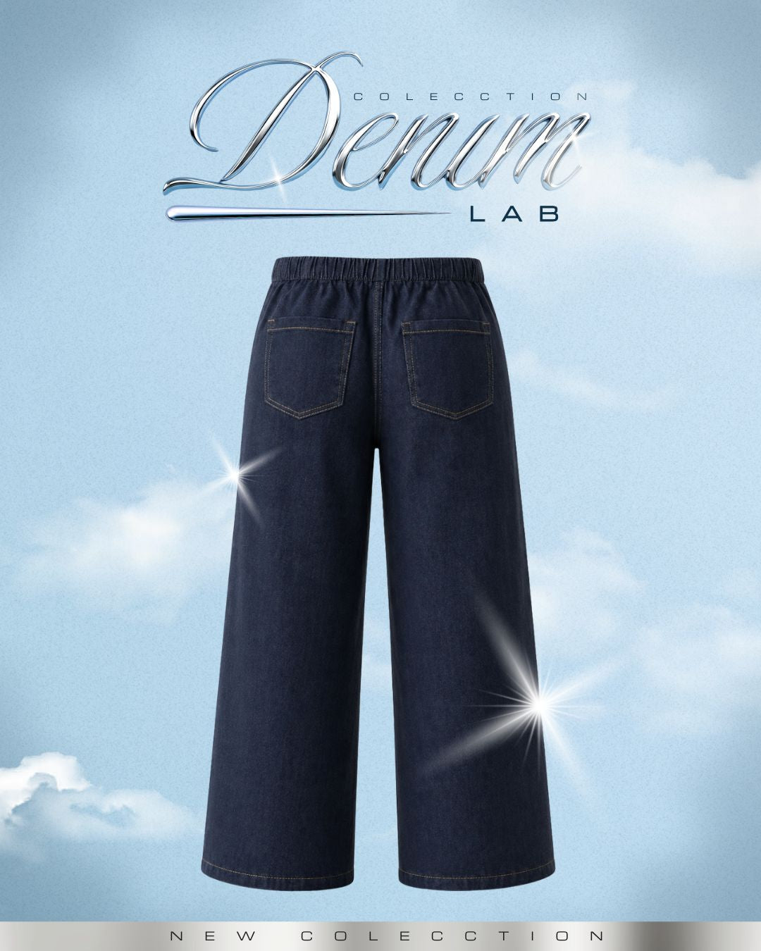 Pantalon chambray  Wide Leg Rígido Azul Oscuro Bolsillos - N-02