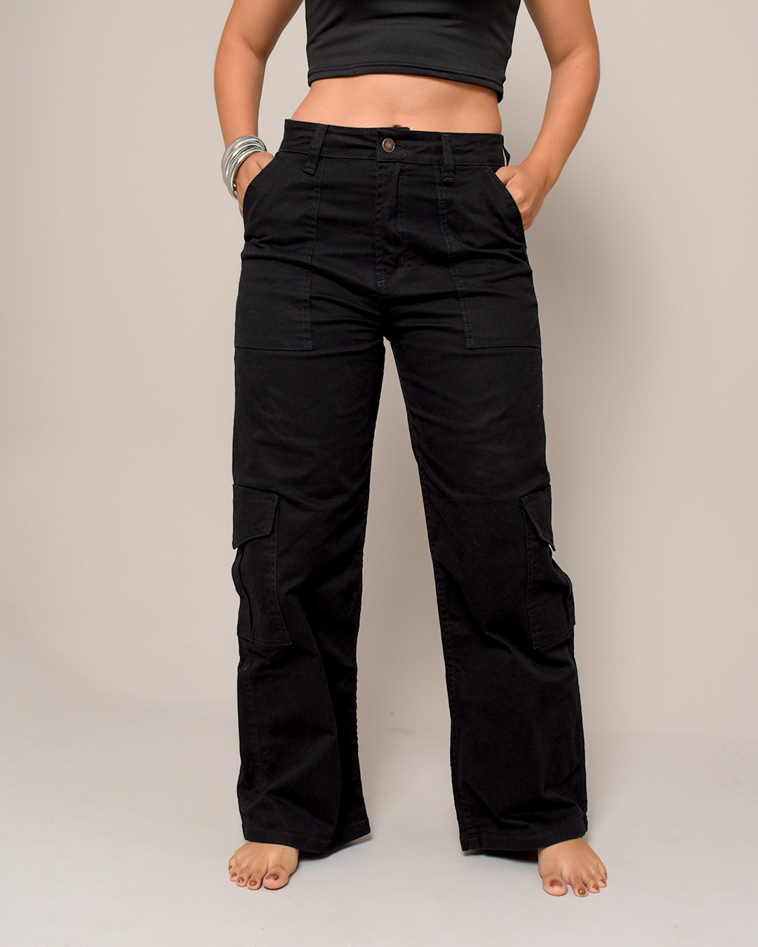 Pantalón Cargo Recto Negro Bolsillos Laterales Urbano J2026-6