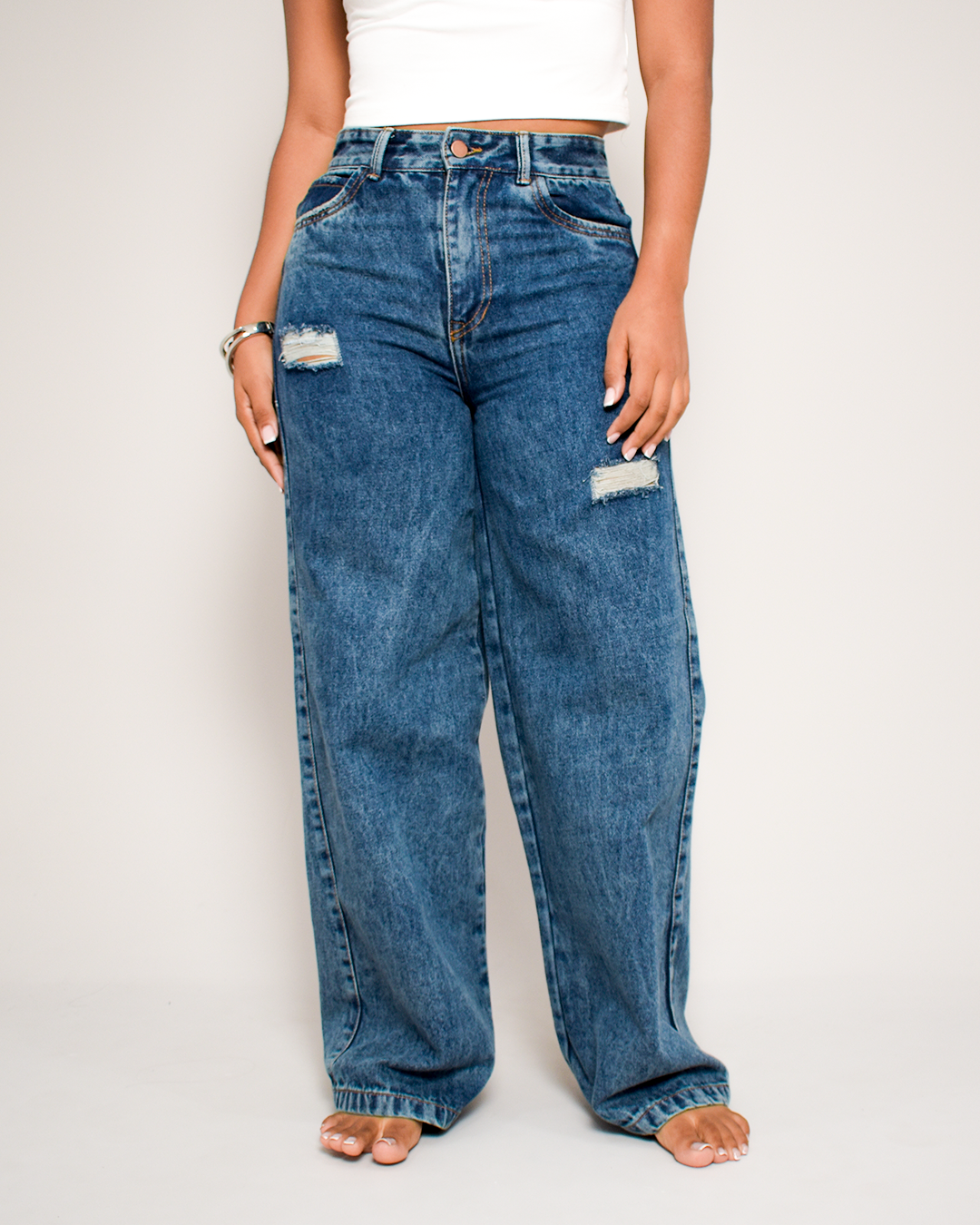 Jean Bota Recta  Rígido Azul Medio Rotos -J109-6