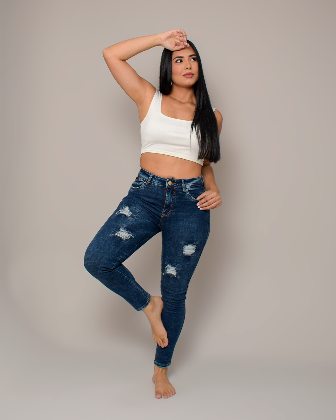 Jean Skinny Tiro Alto Stretch Azul Oscuro Rotos -J120-6