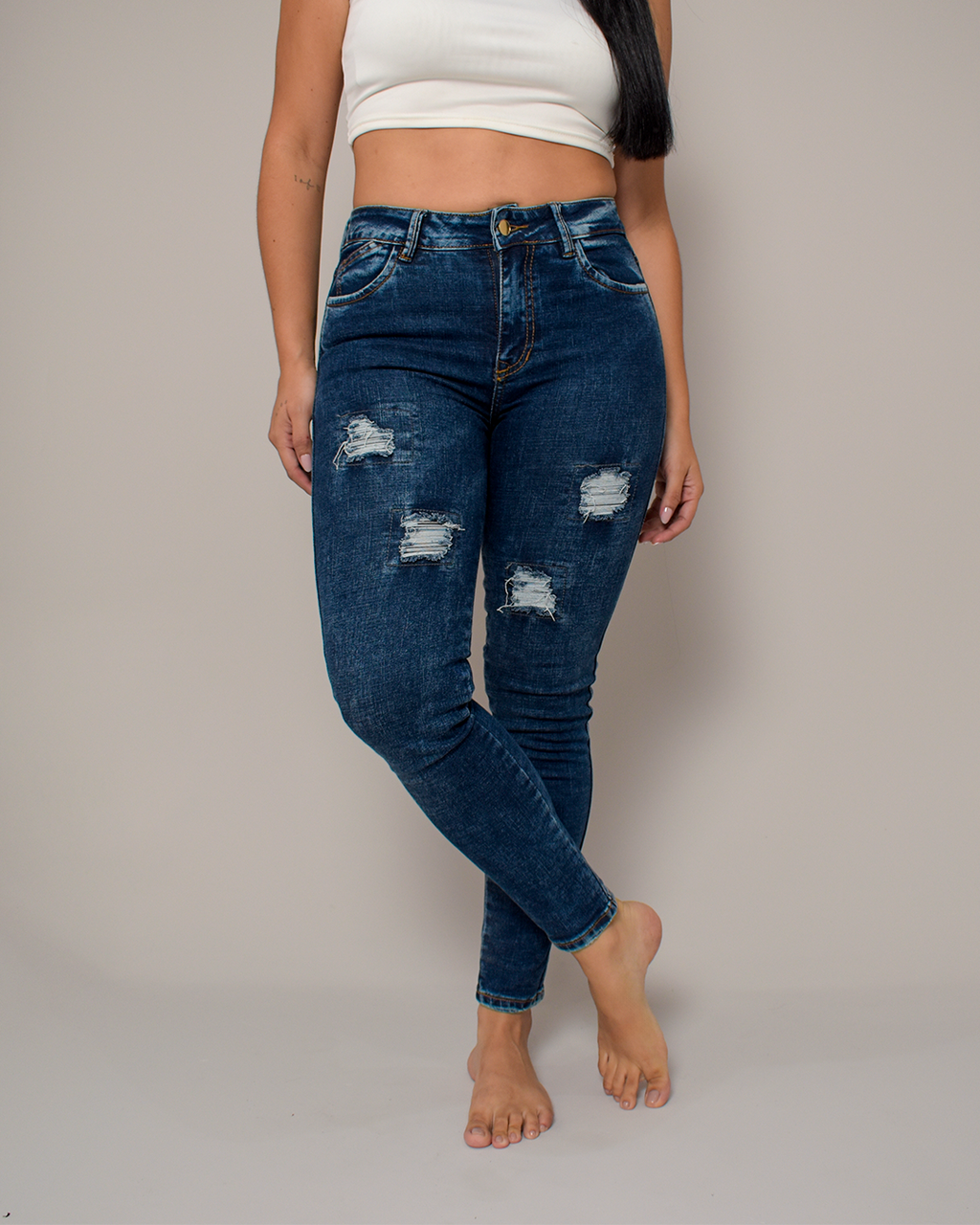 Jean Skinny Tiro Alto Stretch Azul Oscuro Rotos -J120-6