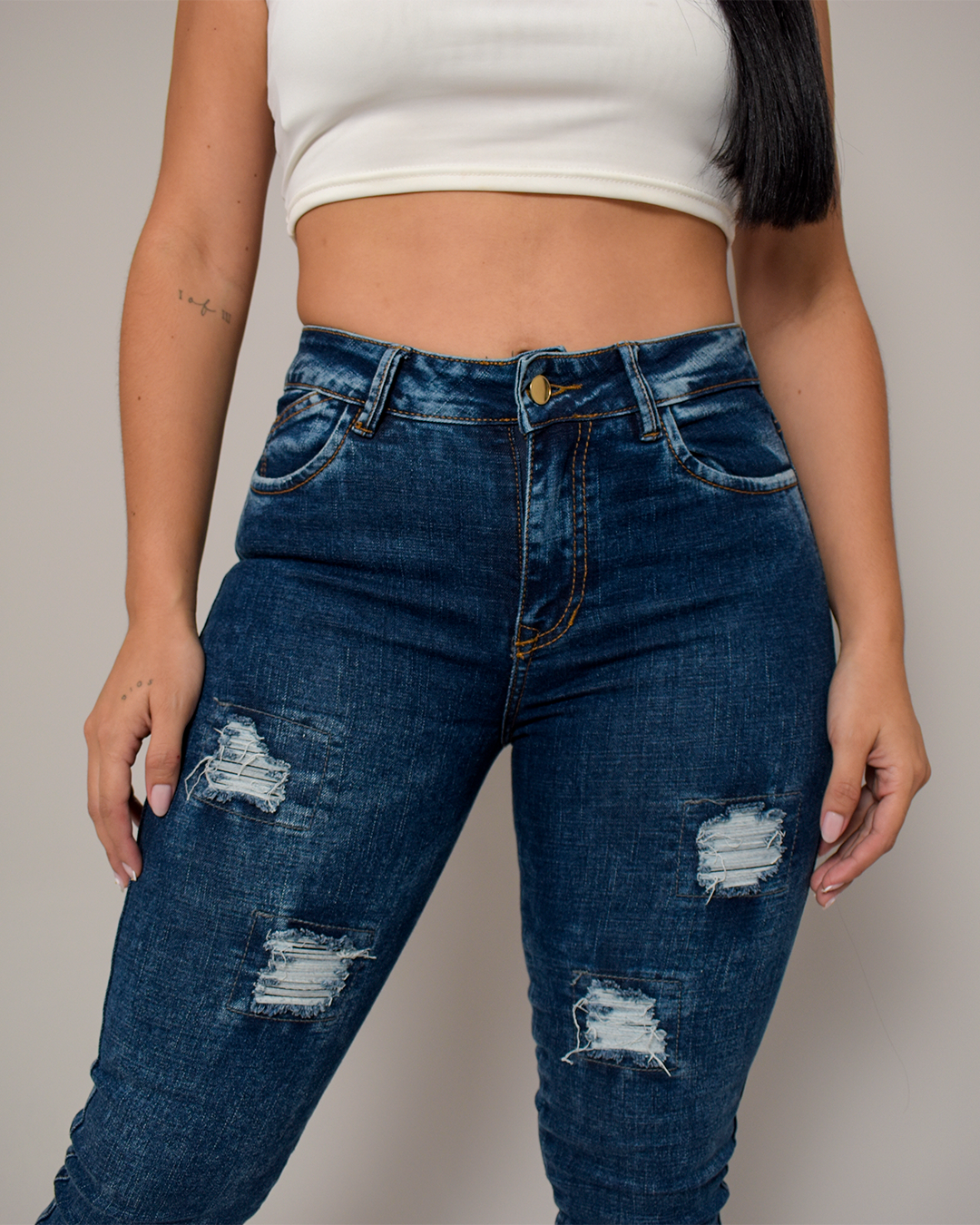 Jean Skinny Tiro Alto Stretch Azul Oscuro Rotos -J120-6