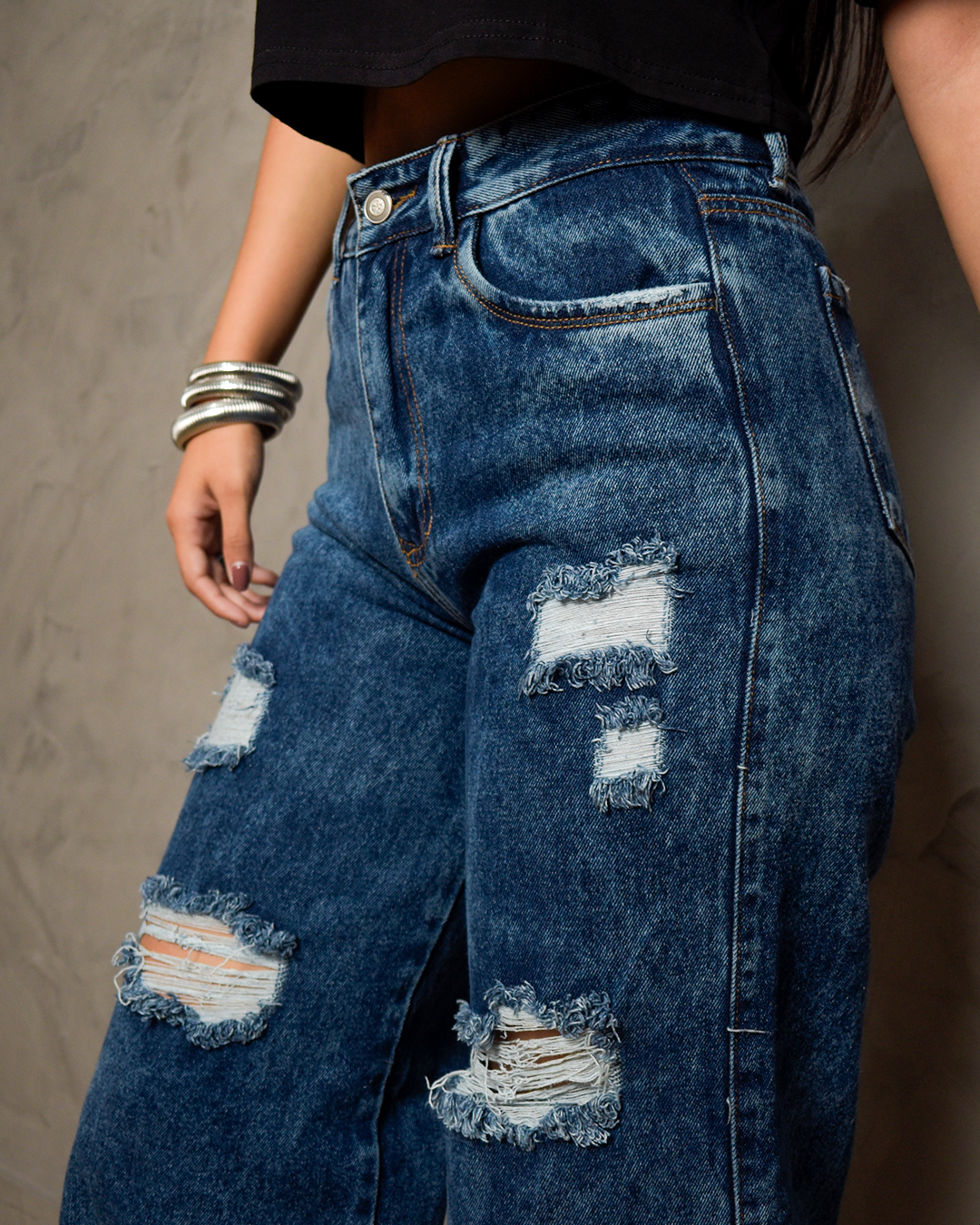 Jean Wide Leg Rígido Azul Oscuro Rotos Tiro Alto -J123-6