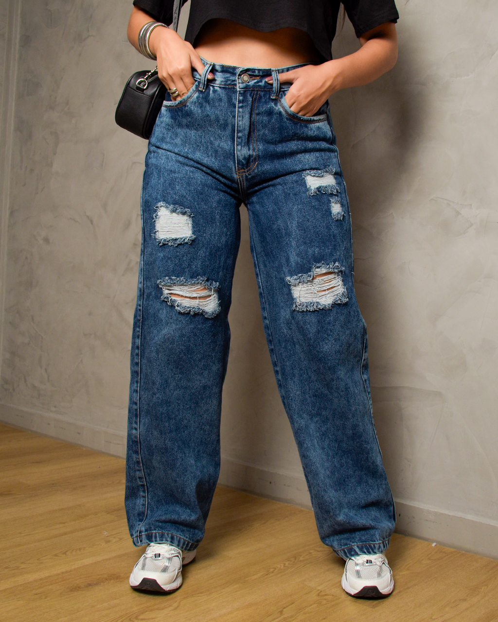 Jean Wide Leg Rígido Azul Oscuro Rotos Tiro Alto -J123-6