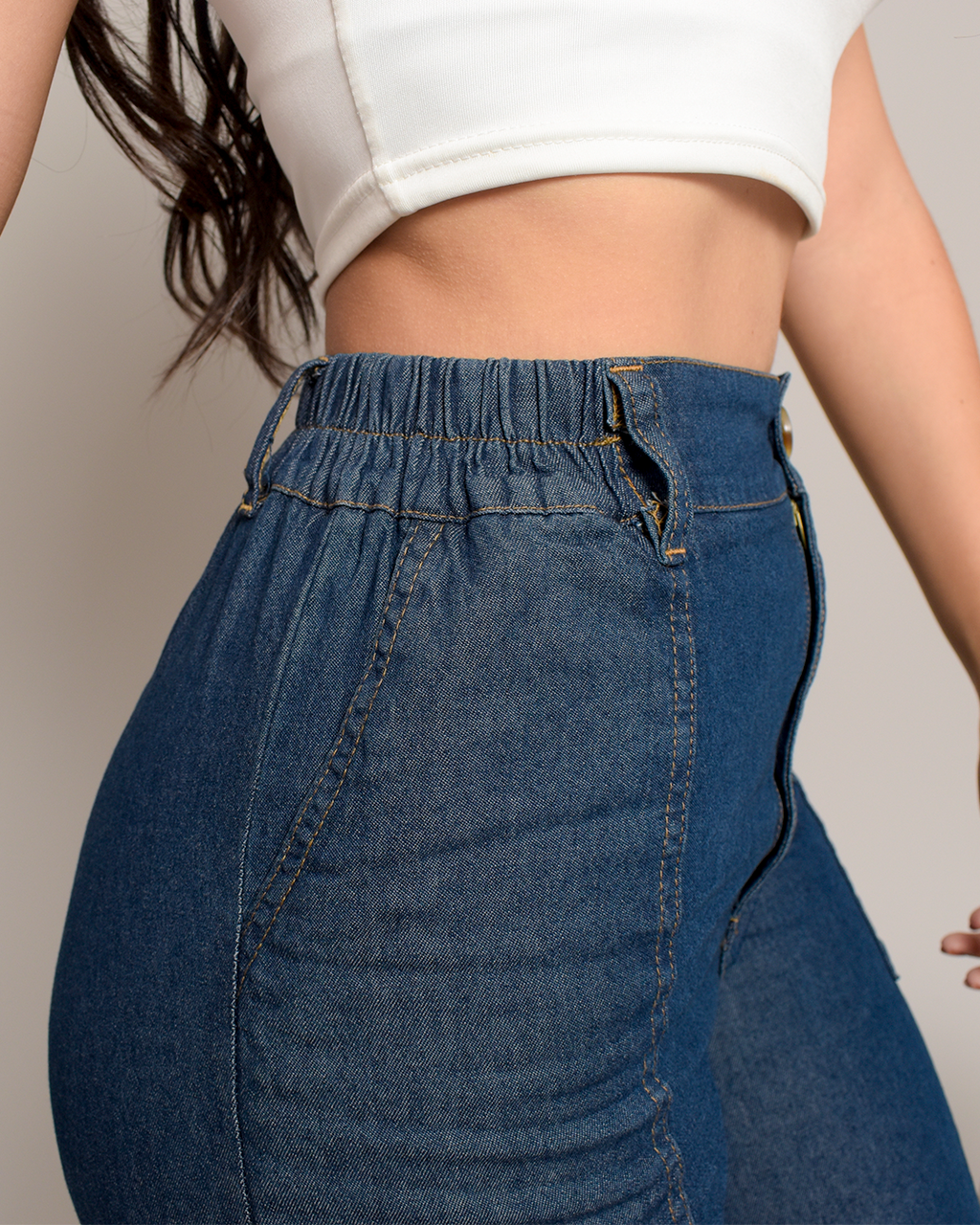 Pantalon chambray  Wide Leg Rígido Azul Oscuro Bolsillos - N-02