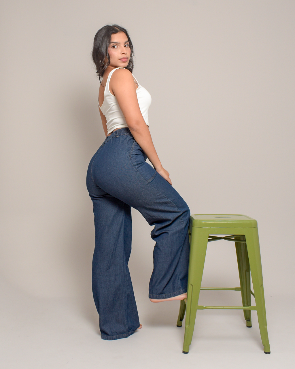 Pantalon chambray  Wide Leg Rígido Azul Oscuro Bolsillos - N-02