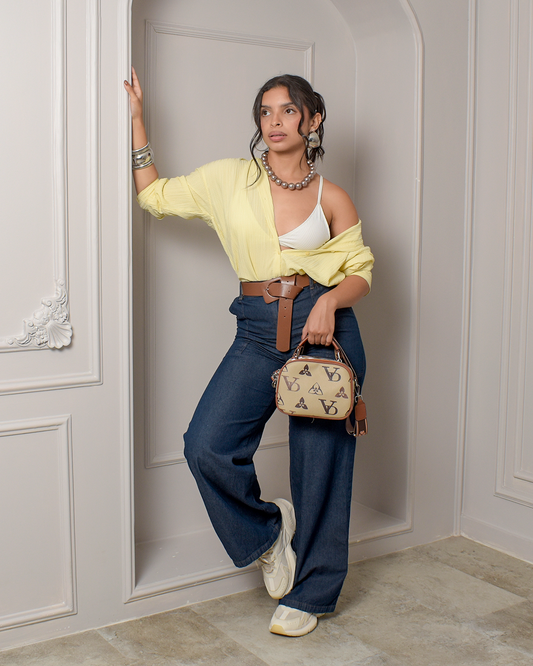 Pantalon chambray  Wide Leg Rígido Azul Oscuro Bolsillos - N-02