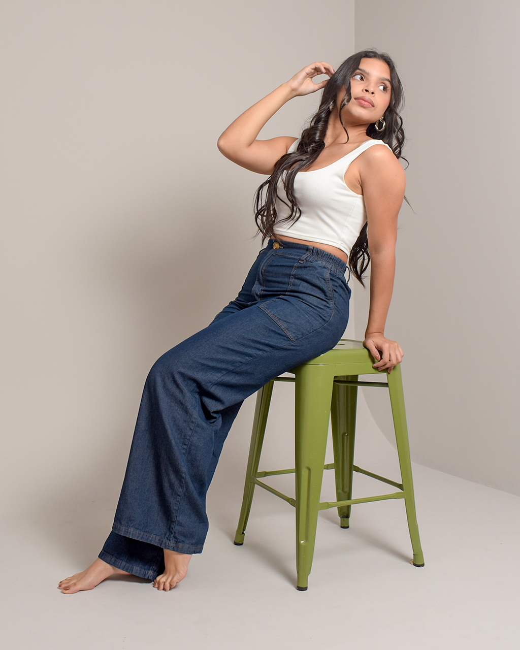 Pantalon chambray  Wide Leg Rígido Azul Oscuro Bolsillos - N-02