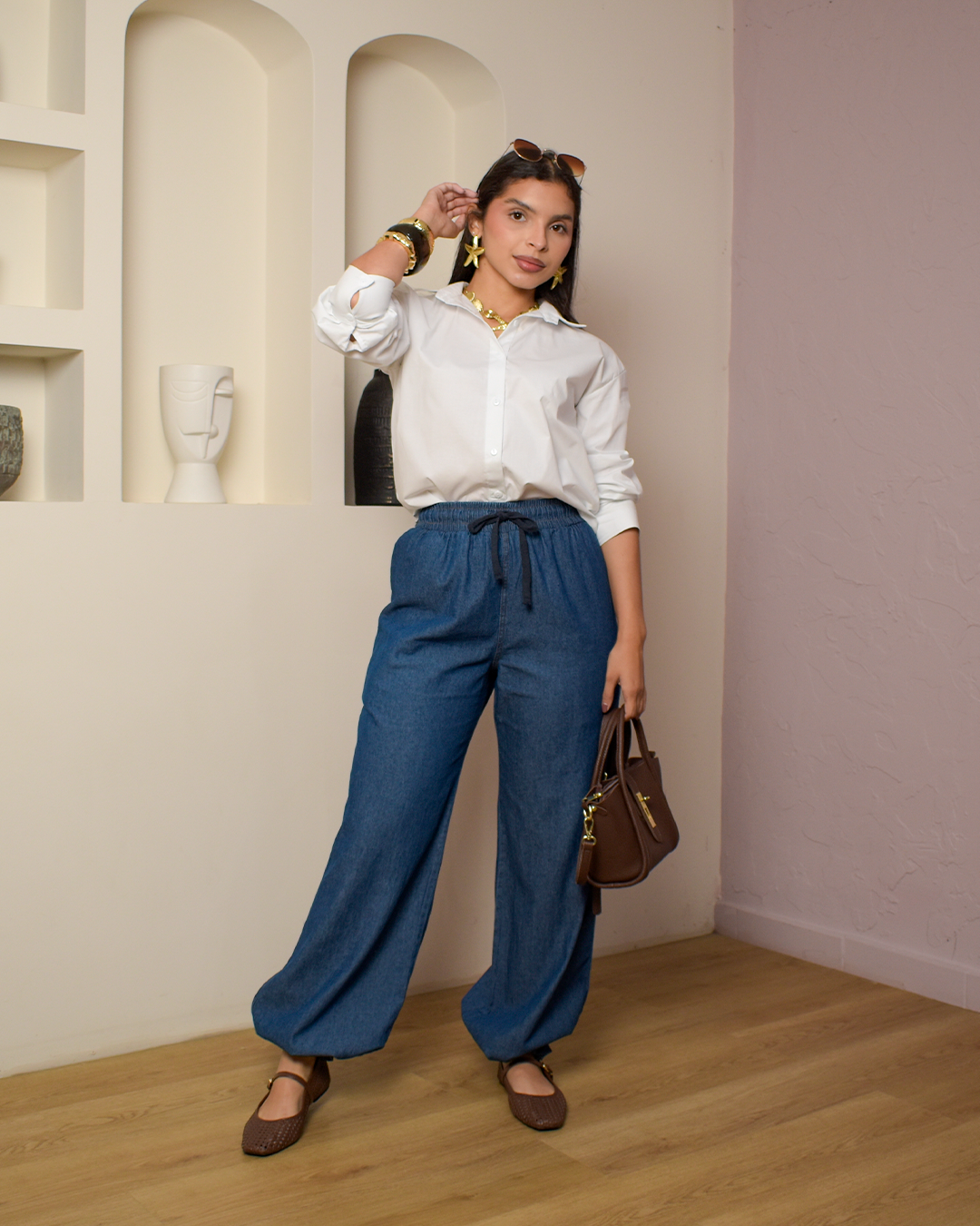 Pantalón Palazzo Chambray Ligero Azul Medio -N04