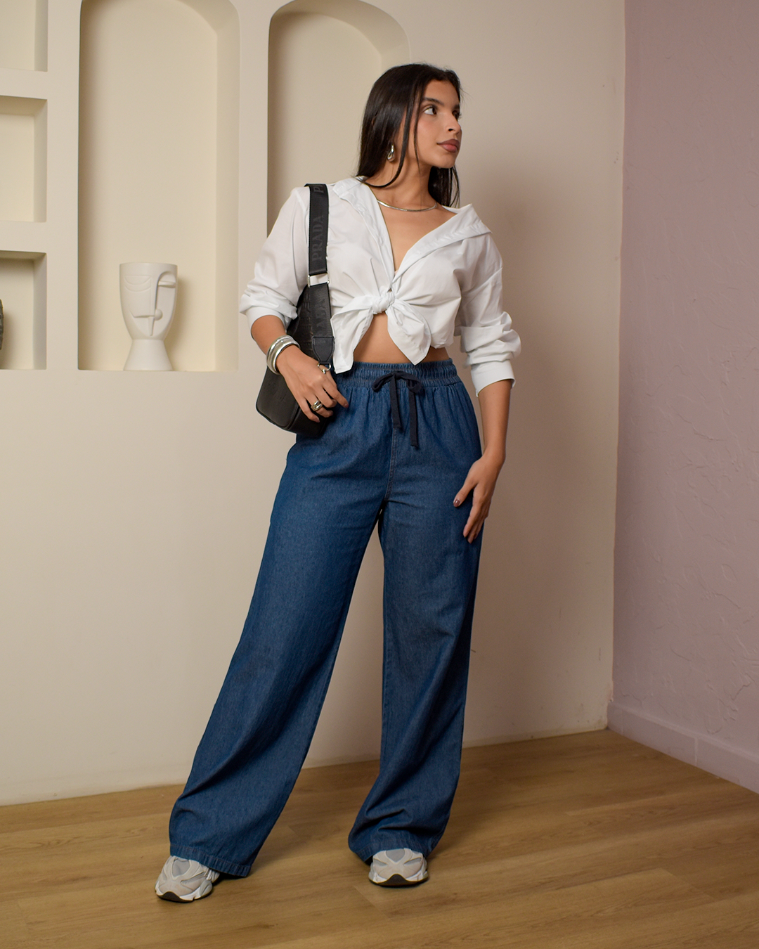 Pantalón Palazzo Chambray Ligero Azul Medio -N04