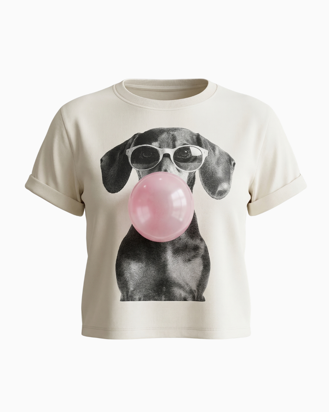 Camiseta Crop Blanca Estampado Perro Globo Rosado -TUENTI-02