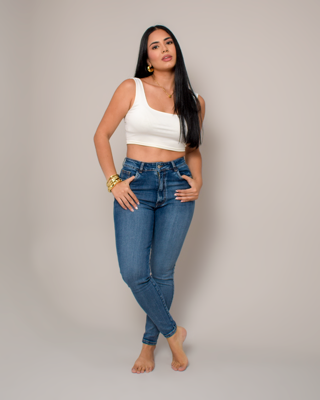 Jean Skinny Tiro Alto Stretch Azul Medio -PD0021