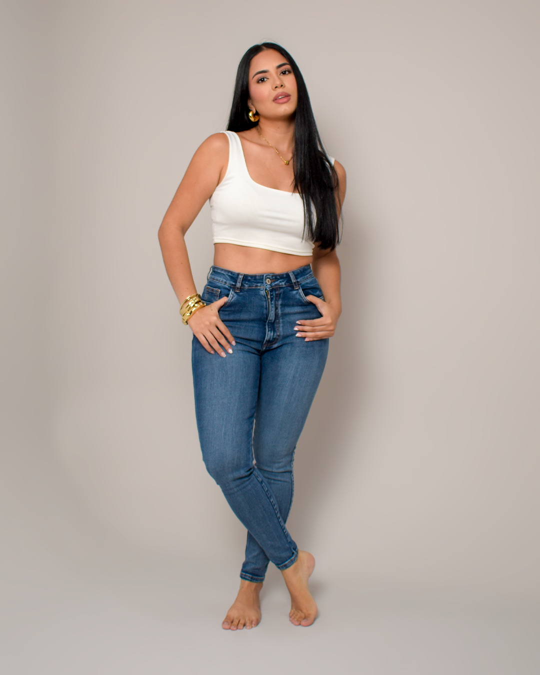 Jean Skinny Tiro Alto Stretch Azul Medio -PD0021