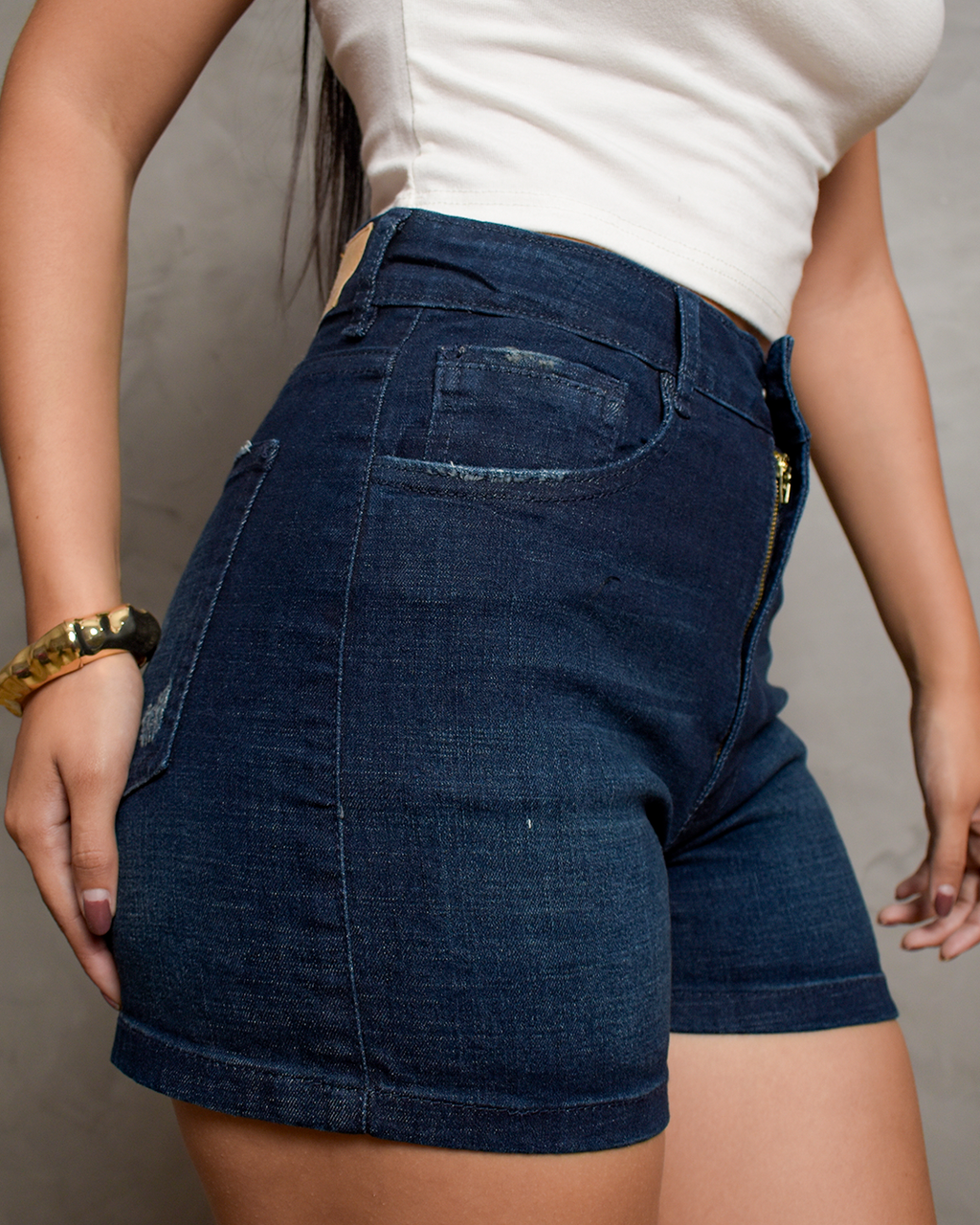 Short Denim Tiro Alto Azul Oscuro Ajustado Clásico -SD0009