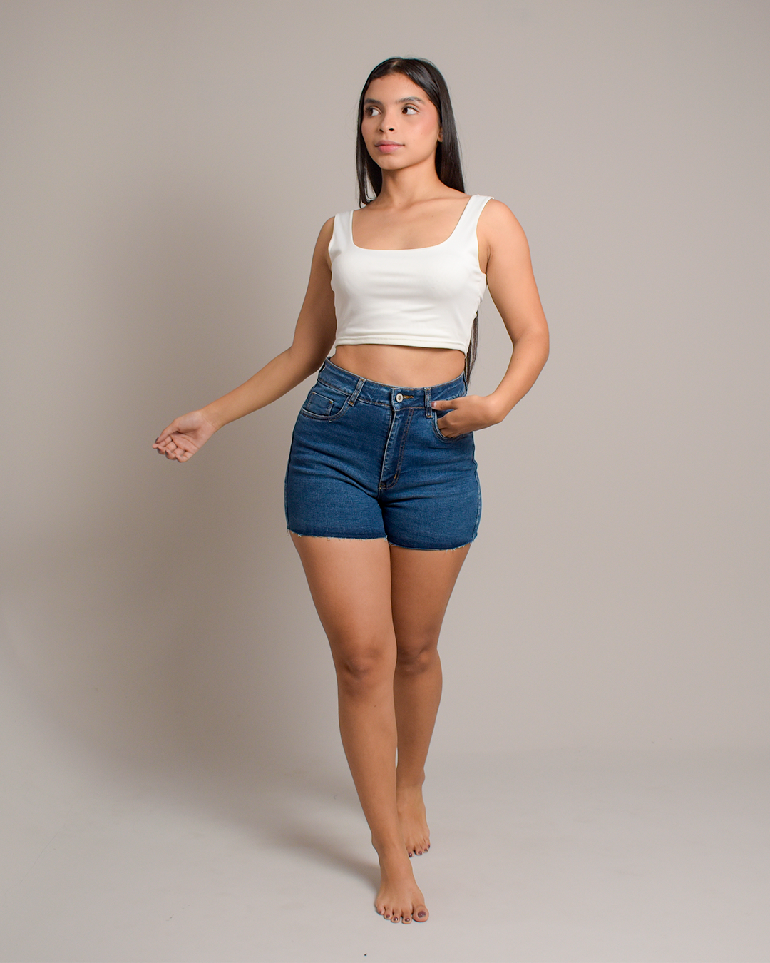 Short Stretch Tiro Alto Azul Oscuro Desflecado -SD0010