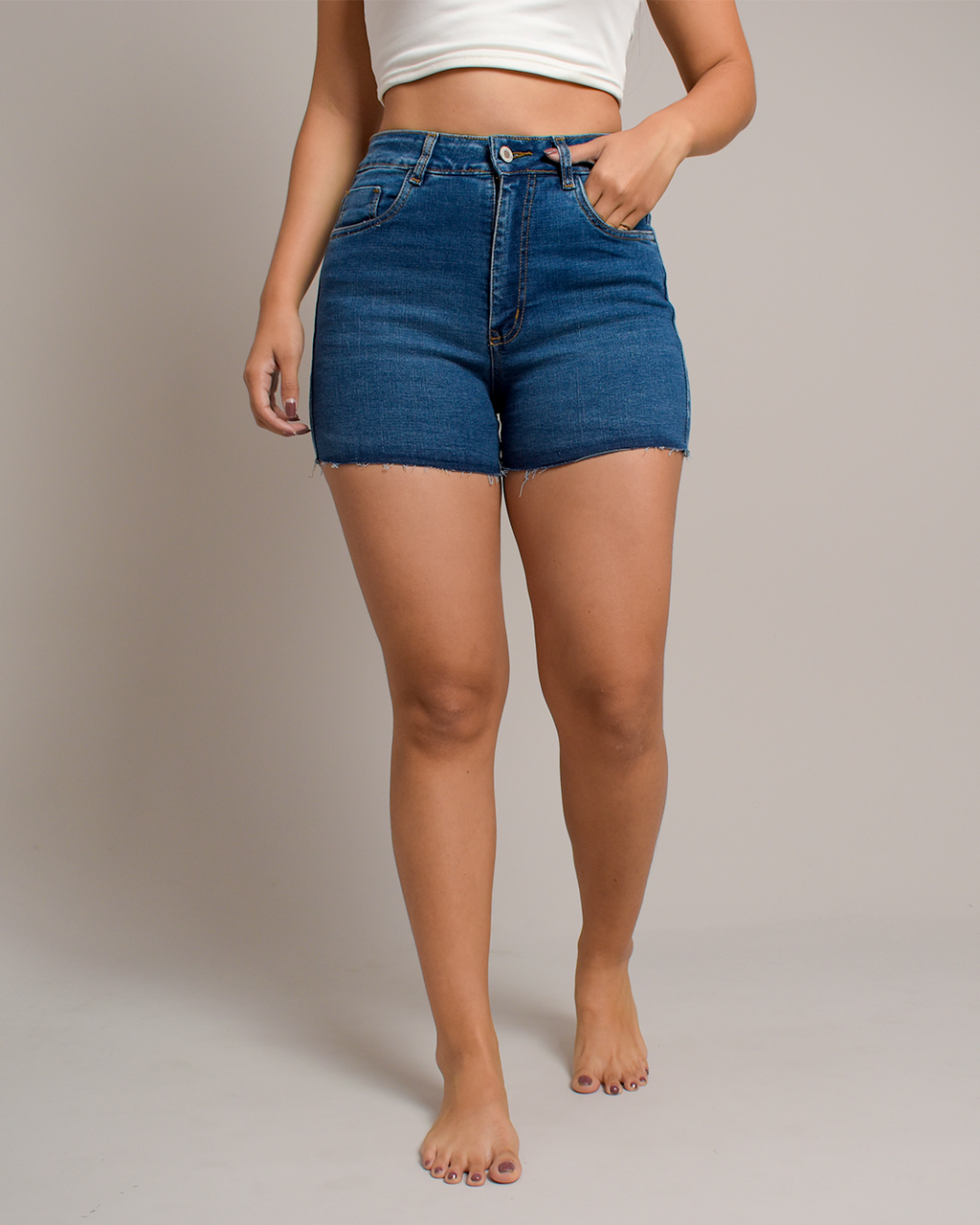 Short Stretch Tiro Alto Azul Oscuro Desflecado -SD0010