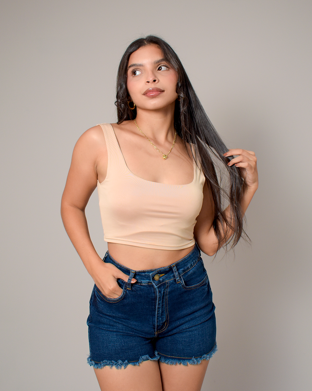 Short Stretch Tiro Alto Azul Oscuro Desflecado -SD0016