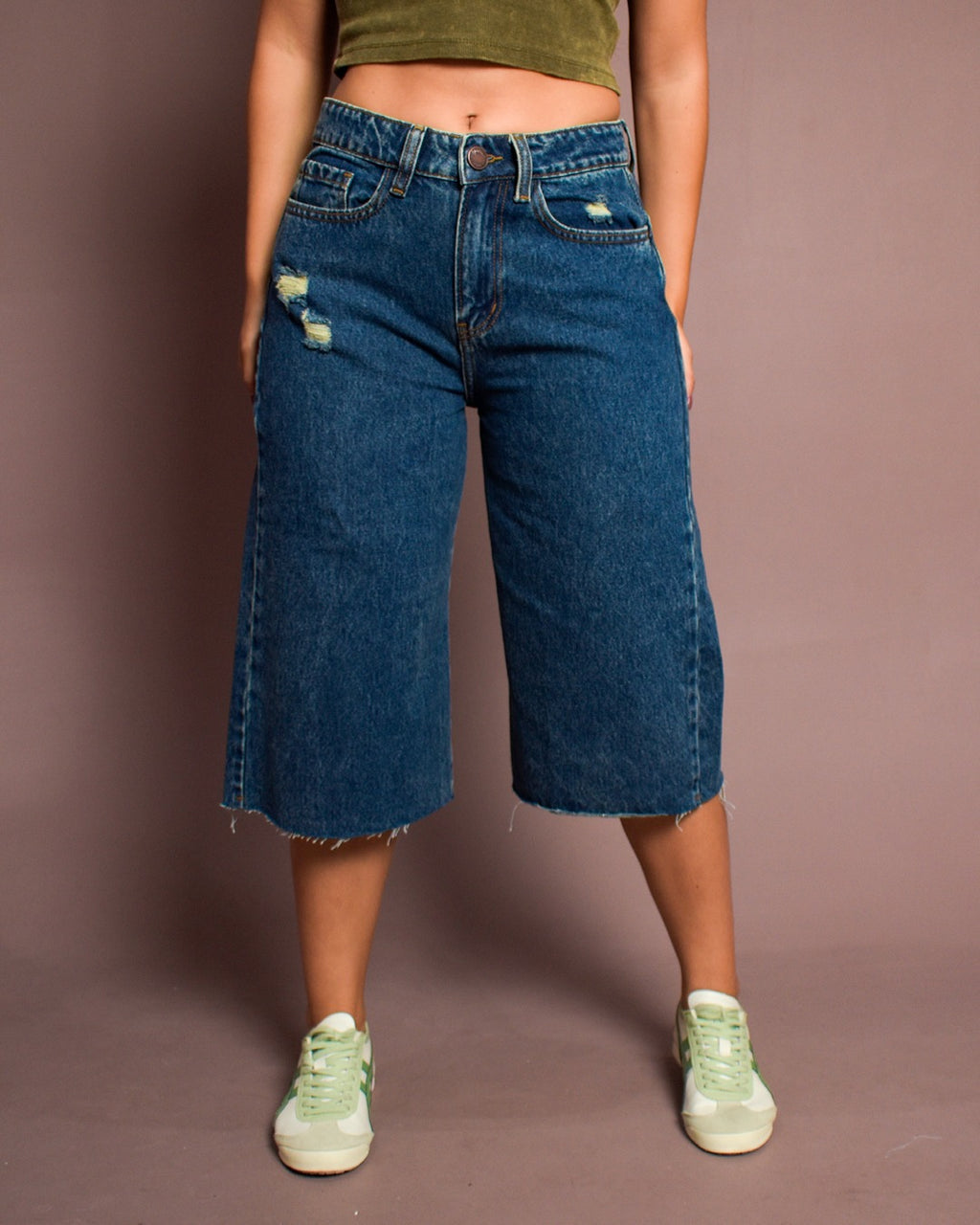 Bermuda Culotte Rígida Azul Oscuro Desflecado -INN5562