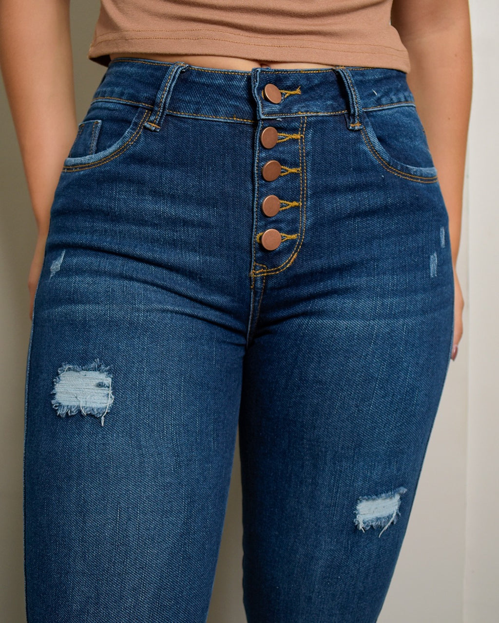 Jean Skinny Tiro Alto Stretch Azul Oscuro Botones -J118