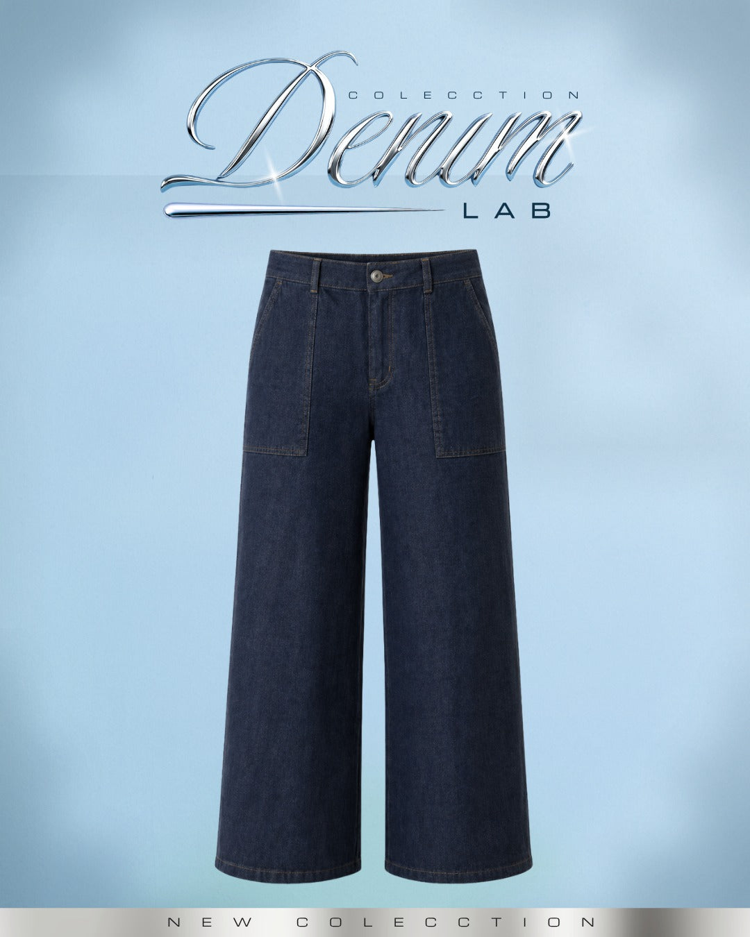 Pantalon chambray  Wide Leg Rígido Azul Oscuro Bolsillos - N-02