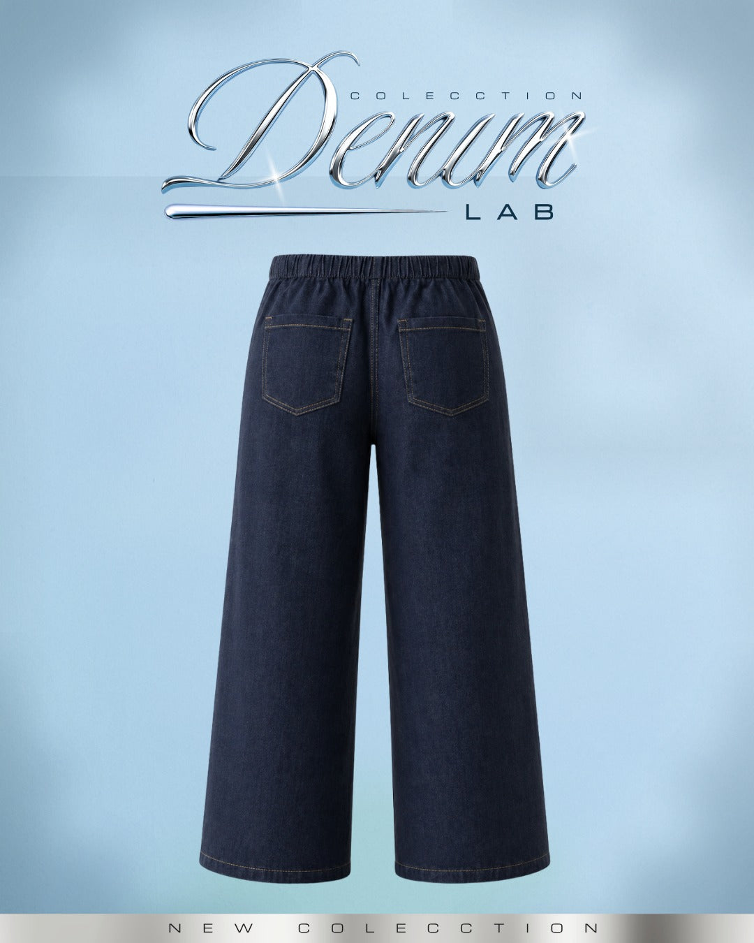 Pantalon chambray  Wide Leg Rígido Azul Oscuro Bolsillos - N-02